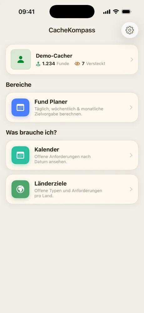 Startseite von CacheKompass mit Profil, Fund Planer, Kalender und Länderzielen
